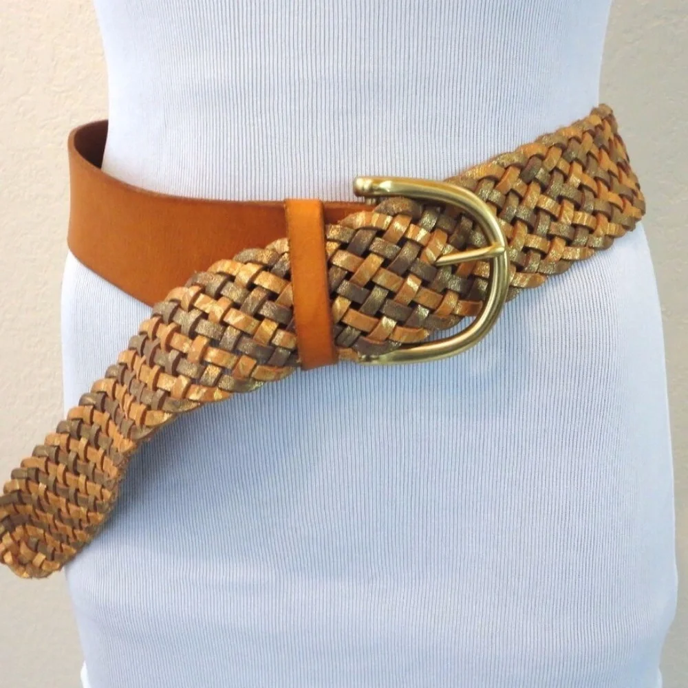 Vintage BOHO BRAIDED Tan Leather Brass Belt M